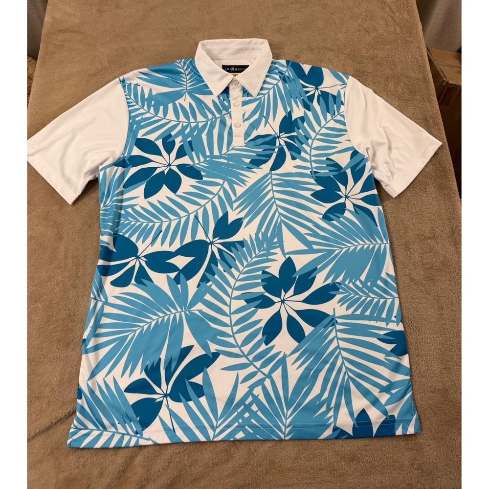 Loudmouth‎ polo shirt Mens XL Blue White Tropical Palm Leaf golf Performance EUC